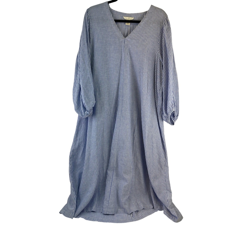 HM Blue Striped Dress Linen Blend Kaftan Midi Dress Puff Sleeve V-Neck Womens XL